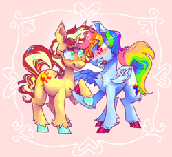 Size: 500x456 | Tagged: safe, artist:furbey, derpibooru import, rainbow dash, sunset shimmer, pegasus, pony, unicorn, blushing, colored hooves, crack shipping, duo, female, holding hooves, lesbian, looking at each other, looking at someone, shipping, sunsetdash, tongue, tongue out