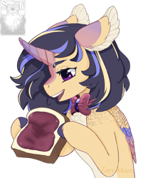 Size: 673x838 | Tagged: safe, artist:arcticnight-art, derpibooru import, oc, oc only, alicorn, pony, alicorn oc, bowtie, bread, colored wings, ears back, food, hoof hold, horn, jelly, multicolored wings, simple background, solo, toast, transparent background, wings