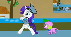 Size: 1230x649 | Tagged: safe, artist:fanvideogames, derpibooru import, rarity, spike, dog, pony, anatomically incorrect, bipedal, duo, female, incorrect leg anatomy, letter, mailmare uniform, male