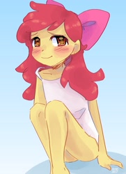 Size: 1479x2048 | Tagged: safe, artist:dmitrymemovznok, derpibooru import, apple bloom, human, equestria girls, blushing, clothes, female, schrödinger's pantsu, simple background, sitting, smiling, solo