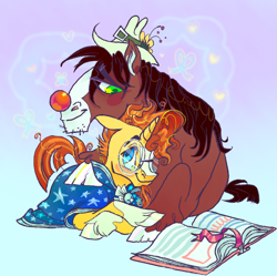 Size: 764x760 | Tagged: safe, artist:furbey, derpibooru import, sunburst, trouble shoes, earth pony, pony, unicorn, book, clothes, clown, clown nose, clydesdale, crack shipping, duo, gay, gradient background, male, red nose, robe, shipping