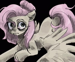 Size: 2048x1698 | Tagged: safe, artist:dmitrymemovznok, derpibooru import, fluttershy, pegasus, pony, black background, frown, lying down, simple background, solo, spread wings, unshorn fetlocks, wide eyes, wings