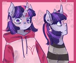 Size: 2048x1698 | Tagged: safe, artist:dmitrymemovznok, derpibooru import, twilight sparkle, anthro, unicorn, clothes, ear piercing, glasses, heart, hoodie, piercing, simple background, solo