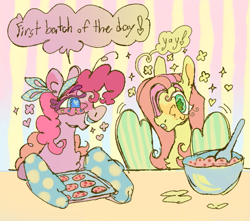 Size: 635x562 | Tagged: safe, artist:furbey, derpibooru import, fluttershy, pinkie pie, earth pony, pegasus, pony, baking, baking sheet, bandana, duo, oven mitts, speech bubble