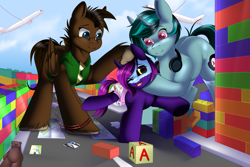 Size: 3375x2250 | Tagged: safe, artist:xcinnamon-twistx, derpibooru import, oc, oc only, oc:aeris strider, oc:beat spark, oc:bumper, pony, city, commission, diaper, macro, toy, trio