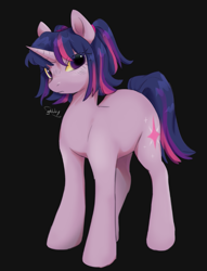 Size: 635x832 | Tagged: safe, artist:g4bby4ka, derpibooru import, twilight sparkle, unicorn twilight, pony, unicorn, black background, frown, looking at you, simple background, solo, standing