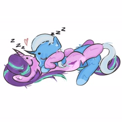 Size: 2048x2048 | Tagged: safe, artist:stanleyiffer, derpibooru import, starlight glimmer, trixie, pony, unicorn, duo, female, heart, lesbian, lying down, shipping, simple background, sleeping, startrix, white background