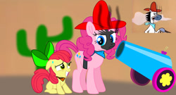 Size: 1217x657 | Tagged: safe, artist:fanvideogames, derpibooru import, apple bloom, pinkie pie, earth pony, pony, angry, cannon, female, filly, foal, hanna barbera, male, mare, party cannon