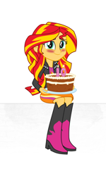 Size: 1440x2400 | Tagged: safe, artist:moogood, derpibooru exclusive, derpibooru import, sunset shimmer, human, equestria girls 10th anniversary, equestria girls, blushing, boots, cake, clothes, female, food, looking at you, shoes, simple background, sitting, smiling, smiling at you, solo, white background