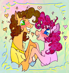 Size: 498x525 | Tagged: safe, artist:furbey, derpibooru import, cheese sandwich, pinkie pie, earth pony, pony, blushing, cheesepie, colored hooves, duo, female, heart, looking at each other, looking at someone, male, shipping, straight