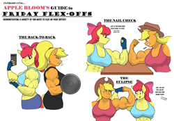 Size: 4314x3000 | Tagged: safe, artist:matchstickman, derpibooru import, apple bloom, applejack, anthro, earth pony, abs, apple bloom's bow, apple bloomed, apple brawn, apple sisters, applejack is not amused, applejack's hat, applejacked, applerack, armpits, biceps, bow, breasts, cellphone, clothes, comic, cowboy hat, deltoids, dialogue, dumbbell (object), duo, female, fingerless gloves, flexing, gloves, gritted teeth, hair bow, hat, mare, matchstickman's apple brawn series, muscles, muscular female, older, older apple bloom, pecs, phone, siblings, simple background, sisters, sweat, teeth, triceps, unamused, weights, white background