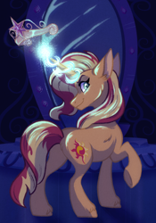 Size: 1668x2388 | Tagged: safe, artist:carouselunique, derpibooru import, sunset shimmer, pony, equestria girls 10th anniversary, equestria girls, big crown thingy, crystal castle, element of magic, glowing, glowing horn, horn, jewelry, looking back, magic mirror, photo, regalia, solo