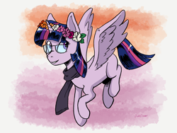 Size: 4000x3000 | Tagged: safe, artist:winterclover, derpibooru import, twilight sparkle, twilight sparkle (alicorn), alicorn, pony, clothes, digital art, female, floral head wreath, flower, lesbian pride flag, pride, pride flag, scarf, solo