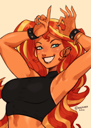 Size: 2039x2850 | Tagged: safe, artist:nire, derpibooru import, sunset shimmer, equestria girls 10th anniversary, equestria girls, armpits, bracelet, breasts, ear piercing, earring, female, freckles, jewelry, looking at you, midriff, moderate dark skin, nail polish, piercing, simple background, smiling, smiling at you, solo, spiked wristband, tan lines, tan skin, tanned, wristband