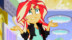 Size: 3072x1727 | Tagged: safe, derpibooru import, screencap, sunset shimmer, human, equestria girls, mirror magic, spoiler:eqg specials, canterlot mall, clothes, female, geode of empathy, jacket, jewelry, leather, leather jacket, lip bite, magical geodes, necklace, solo