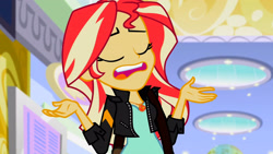 Size: 3072x1727 | Tagged: safe, derpibooru import, screencap, sunset shimmer, human, equestria girls, mirror magic, spoiler:eqg specials, canterlot mall, clothes, eyes closed, female, geode of empathy, jacket, jewelry, leather, leather jacket, magical geodes, necklace, open mouth, solo