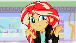 Size: 3072x1727 | Tagged: safe, derpibooru import, screencap, sunset shimmer, human, equestria girls, mirror magic, spoiler:eqg specials, canterlot mall, clothes, female, frown, geode of empathy, jacket, jewelry, leather, leather jacket, magical geodes, necklace, solo