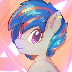 Size: 600x600 | Tagged: safe, artist:mirroredsea, derpibooru import, oc, oc only, oc:eksoka, pony, bust, ear piercing, eye clipping through hair, looking at you, looking back, looking back at you, piercing, sitting, smiling, solo