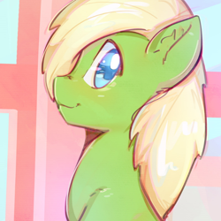 Size: 600x600 | Tagged: safe, artist:mirroredsea, derpibooru import, oc, oc only, oc:ponytronic, pony, bust, hair over one eye, looking at you, profile, sitting, smiling, solo