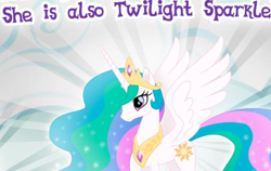 Size: 728x461 | Tagged: safe, derpibooru import, princess celestia, alicorn, pony, blatant lies, cropped, crown, english, ethereal mane, female, gameloft, horn, implied twilight sparkle, jewelry, mare, meme, my little pony: magic princess, regalia, solo, spread wings, text, wings, wow! glimmer, wrong