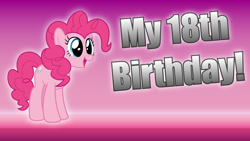 Size: 1920x1080 | Tagged: safe, artist:awesomebrony, artist:eonmaster, derpibooru import, pinkie pie, earth pony, pony, 1080p, 18, birthday, caption, female, glowing, gradient background, high res, hooves, image macro, mare, open mouth, pink background, simple background, smiling, solo, standing, text, thumbnail, youtube thumbnail