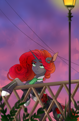 Size: 1500x2300 | Tagged: safe, artist:mari_deer, derpibooru import, oc, oc only, oc:rose regalia, pony, unicorn, beautiful, clothes, evening, eye clipping through hair, eyebrows, eyebrows visible through hair, female, green eyes, horn, lamp, lamppost, mare, plant, railing, rapier, red hair, solo, sword, unicorn oc, weapon