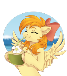 Size: 4000x4500 | Tagged: safe, artist:silverfir, derpibooru import, oc, oc only, oc:deliambre, pegasus, pony, bow, drink, drinking, drinking straw, ear fluff, ears, eyes closed, floppy ears, flower, hair bow, simple background, smiling, spread wings, transparent background, wings