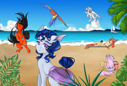 Size: 4000x2700 | Tagged: safe, artist:mari_deer, derpibooru import, oc, oc only, oc:ever ready, oc:shady apple, bird, earth pony, pegasus, pony, unicorn, beach, beach chair, blushing, boat, bucket, butt, chair, clothes, cloud, cowboy hat, earth pony oc, eyes closed, female, flying, group, happy, hat, high res, horn, island, looking at you, looking back, looking back at you, lounging, male, ocean, pegasus oc, plant, purple eyes, sand, see-through, summer, tail, tail bun, underwear, unicorn oc, vacation, water