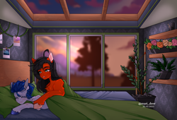 Size: 2500x1700 | Tagged: safe, artist:mari_deer, derpibooru import, oc, oc:ever ready, oc:shady apple, earth pony, bed, bedroom, bedsheets, blurry background, couple, cozy, cute, earth pony oc, flower, high res, messy mane, morning, photo, pillow, plant, romantic, shelf, sleeping, sun, tree, waking up, window