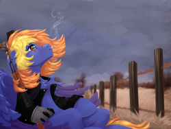 Size: 4000x3000 | Tagged: safe, artist:silverfir, derpibooru import, oc, pegasus, pony, ak, ak-47, amputee, assault rifle, barbed wire, chest fluff, cigarette, clothes, cloud, cloudy, ears, eye scar, facial scar, fence, field, floppy ears, fluffy, gun, jacket, leather, leather jacket, pensive, prosthetic limb, prosthetics, rain, rifle, scar, sitting, sky, smoke, smoking, spread wings, weapon, wind, windswept mane, wings