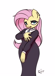 Size: 2037x2832 | Tagged: safe, artist:gromzomb, derpibooru import, fluttershy, anthro, clothes, dress, ear piercing, earring, female, fluttergoth, high res, jewelry, lidded eyes, looking at you, mare, piercing, simple background, solo, white background, wingless, wingless anthro