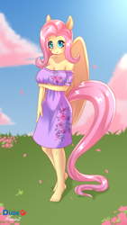 Size: 2160x3840 | Tagged: safe, artist:duderedblue, derpibooru import, fluttershy, anthro, pegasus, plantigrade anthro, barefoot, clothes, cloud, dress, feet, field, floral print, flower, grass, grass field, long tail, looking at you, sky, solo, tail