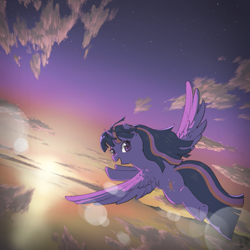 Size: 2577x2577 | Tagged: safe, artist:yanamosuda, derpibooru import, twilight sparkle, twilight sparkle (alicorn), alicorn, pony, album cover, cloud, dutch angle, female, flying, high res, lens flare, looking at you, looking back, looking back at you, mare, open mouth, outdoors, sky, solo, spread wings, sunset, wings