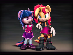 Size: 7200x5400 | Tagged: safe, artist:imafutureguitarhero, derpibooru import, sci-twi, sunset shimmer, twilight sparkle, unicorn twilight, anthro, plantigrade anthro, unicorn, equestria girls 10th anniversary, equestria girls, 3d, absurd file size, absurd resolution, arm fluff, arm freckles, belt, belt buckle, black bars, blushing, boots, bowtie, cheek fluff, chromatic aberration, clothes, colored eyebrows, colored eyelashes, crossover, duo, ear fluff, ear freckles, ears, equestria girls outfit, female, film grain, floppy ears, fluffy hair, fluffy mane, fluffy tail, freckles, hands behind back, height difference, horn, implied transformation, inspired by another artist, jacket, jewelry, leg fluff, leg freckles, lesbian, looking at someone, mare, mobian, multicolored hair, multicolored mane, multicolored tail, nose wrinkle, open mouth, peppered bacon, revamped anthros, revamped ponies, scitwishimmer, shipping, shirt, shoes, signature, skirt, smiling, socks, sonic the hedgehog (series), sonicified, source filmmaker, spiked wristband, sunsetsparkle, tail, vest, wall of tags, wristband