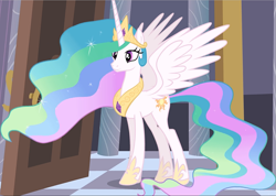 Size: 1155x822 | Tagged: safe, derpibooru import, princess celestia, alicorn, princess twilight sparkle (episode), cropped, crown, ethereal hair, ethereal mane, ethereal tail, full body, hoof shoes, jewelry, princess, princess shoes, regalia, solo