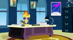 Size: 2160x1192 | Tagged: safe, derpibooru import, screencap, spitfire, pegasus, pony, wonderbolts academy, autograph, clothes, desk, drill sergeant, female, lamp, mare, necktie, poster, solo, spitfire's office, suit, uniform, whistle necklace, window, wonderbolts dress uniform