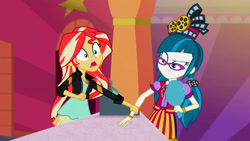 Size: 3072x1727 | Tagged: safe, derpibooru import, screencap, juniper montage, sunset shimmer, human, equestria girls, mirror magic, spoiler:eqg specials, clothes, duo, duo female, female, frown, gasp, geode of empathy, glasses, jacket, jewelry, leather, leather jacket, magical geodes, necklace, open mouth