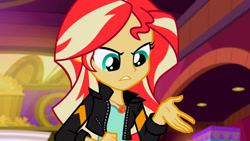 Size: 3072x1727 | Tagged: safe, derpibooru import, screencap, sunset shimmer, human, equestria girls, mirror magic, spoiler:eqg specials, clothes, female, frown, geode of empathy, jacket, jewelry, leather, leather jacket, magical geodes, necklace, solo