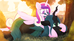 Size: 3840x2160 | Tagged: safe, artist:glutenfree_texmex, derpibooru exclusive, derpibooru import, princess cadance, queen chrysalis, alicorn, changeling, changeling queen, pony, 4k, blushing, bush, castle, crepuscular rays, cuddling, cute, evening, fangs, foliage, friendshipping, grass, hape, high res, hug, lens flare, lying down, non-consensual cuddling, not sure if want, open mouth, outdoors, personal space invasion, prone, smiling, snuggling, spread wings, summer, tackle, tongue, tongue out, tree, unamused, wings