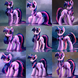 Size: 1536x1536 | Tagged: safe, ai content, derpibooru import, generator:stable diffusion, machine learning generated, twilight sparkle, unicorn twilight, pony, unicorn, 3d, butt, cgi, cheek fluff, chest fluff, collage, cute, detailed, detailed hair, ear fluff, ears, eyes open, female, full body, fur, horn, horns, looking at you, mare, oil, oil painting, plot, quality, sofa, solo, standing, traditional art, twiabetes, window