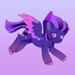 Size: 1000x1000 | Tagged: safe, artist:horseyuris, derpibooru import, oc, oc only, oc:shadow galaxy, pegasus, pony, commission, cute, ethereal mane, female, gradient background, hooves, mare, open mouth, pegasus oc, smiling, solo, starry mane, starry tail, tail, unshorn fetlocks