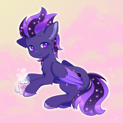 Size: 1400x1400 | Tagged: safe, artist:horseyuris, derpibooru import, oc, oc only, oc:shadow galaxy, pegasus, pony, chocolate, commission, cute, ethereal mane, female, food, hooves, hot chocolate, mare, marshmallow, pegasus oc, smiling, solo, starry mane, starry tail, tail, unshorn fetlocks