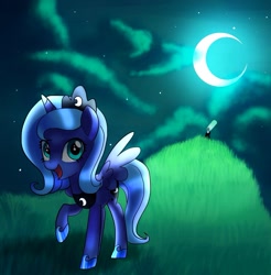 Size: 987x1005 | Tagged: safe, artist:andromedasparkz, derpibooru import, princess luna, alicorn, pony, cloud, crown, female, filly, foal, grass, jewelry, moon, moonlight, night, open mouth, raised hoof, raised leg, regalia, solo, stars, telescope, woona, younger