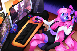 Size: 1620x1080 | Tagged: safe, artist:scarlet-spectrum, derpibooru import, oc, oc only, oc:cinnabyte, oc:lillybit, anthro, earth pony, belly button, chair, clothes, commission, female, gamer, gaming chair, gaming headset, headphones, headset, keyboard, leaning, leaning back, looking at you, microphone, midriff, monitor, office chair, plushie, poké ball, pokémon, socks, solo, thigh highs