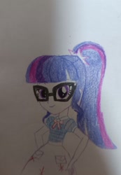 Size: 1415x2046 | Tagged: artist needed, source needed, safe, derpibooru import, twilight sparkle, human, equestria girls 10th anniversary, equestria girls, clothes, female, glasses, looking at you, skirt, smiling, smiling at you, solo, traditional art