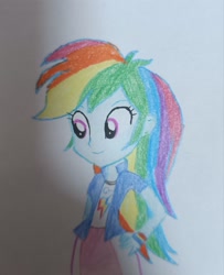 Size: 1558x1920 | Tagged: artist needed, source needed, safe, derpibooru import, rainbow dash, human, equestria girls 10th anniversary, equestria girls, eyebrows, female, hand on hip, smiling, solo, traditional art