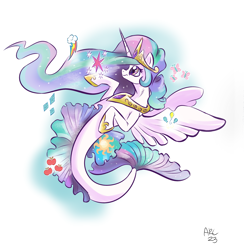 Size: 3995x4089 | Tagged: safe, artist:lytlethelemur, derpibooru import, princess celestia, alicorn, seapony (g4), g4, applejack's cutie mark, crown, dorsal fin, element of generosity, element of honesty, element of kindness, element of laughter, element of loyalty, element of magic, elements of harmony, ethereal mane, eyelashes, female, fin, fin wings, fins, fish tail, flowing mane, flowing tail, fluttershy's cutie mark, gem, high res, hoof shoes, horn, jewelry, mare, ocean, peytral, pinkie pie's cutie mark, rainbow dash's cutie mark, rarity's cutie mark, regalia, requested art, seaponified, seapony celestia, signature, simple background, smiling, solo, species swap, starry mane, swimming, tail, twilight sparkle's cutie mark, underwater, water, white background, wings