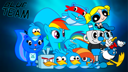 Size: 1192x671 | Tagged: safe, artist:fanvideogames, derpibooru import, rainbow dash, angry birds, bubbles (powerpuff girls), crossover, disney, donald duck, female, happy tree friends, male, mugman, the powerpuff girls