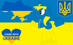 Size: 1418x879 | Tagged: safe, derpibooru import, editor:shiningblueshield, oc, oc only, oc:shield wing, alicorn, pony, alicorn oc, base used, horn, male, national flag, open mouth, raised hoof, raised leg, solo, stallion, tryzub, ukraine, unshorn fetlocks, wings