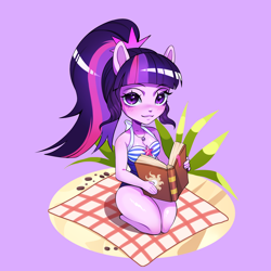 Size: 2480x2480 | Tagged: safe, derpibooru import, twilight sparkle, human, equestria girls, bare shoulders, blushing, clothes, flower, humanized, looking at you, picnic, picnic blanket, pony ears, ponytail, reading, rock, simple background, sitting, sitting on knees, sleeveless, solo, swimsuit